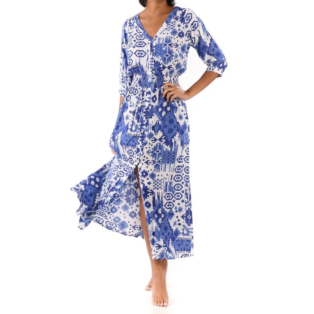 Walker‎ & Wade Maxi Dress coastal Blue White Print Bohemian Button Front XS
